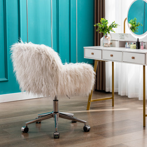 Modern Faux Fur Office Chair with Wheels – Cozy Swivel Vanity Chair for Home & Makeup Desk