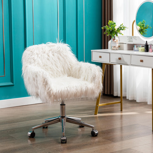Modern Faux Fur Office Chair with Wheels – Cozy Swivel Vanity Chair for Home & Makeup Desk