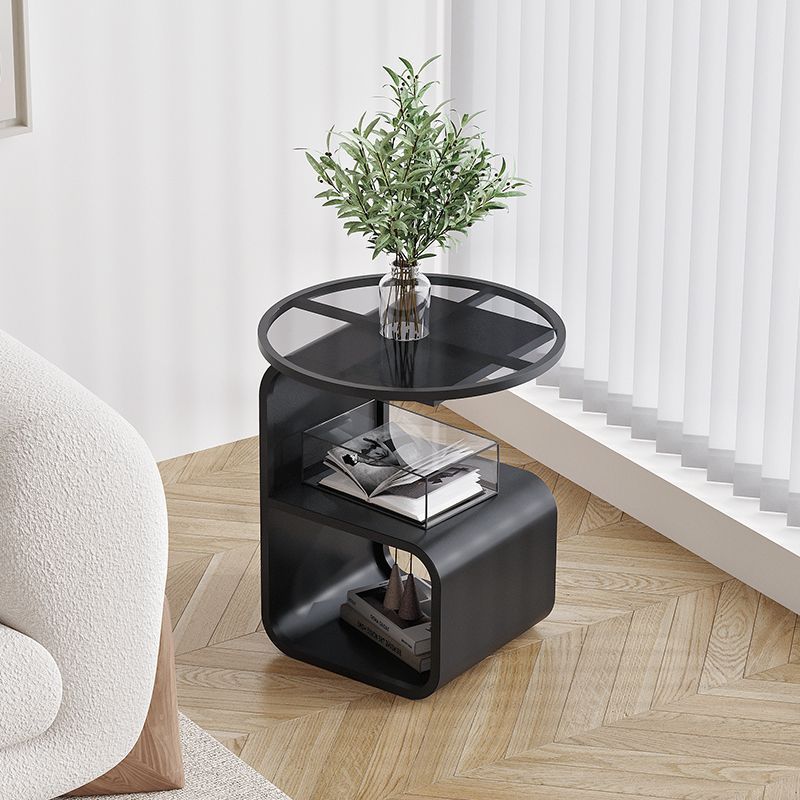 Modern Glass Side Table with Storage – Round Accent Table for Living Room & Bedroom