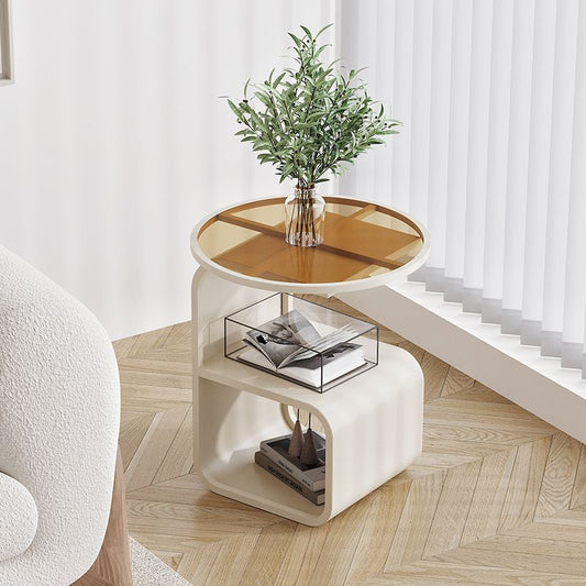 Modern Glass Side Table with Storage – Round Accent Table for Living Room & Bedroom
