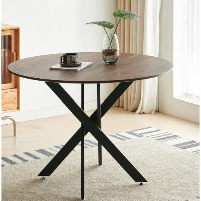 Mid-Century Round Dining Table – Wood Top with Cross Metal Legs for Modern Dining Rooms